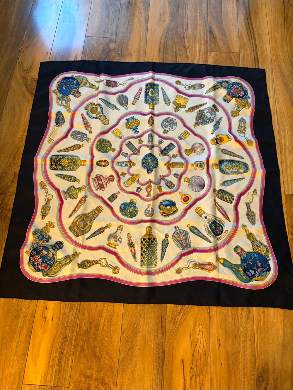 100% silk scarf with perfume bottle motif